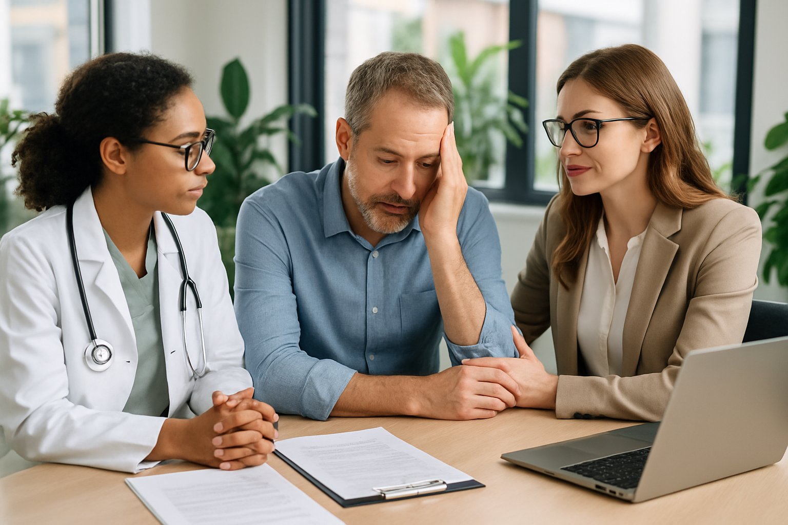 Drei Personen in einem Büro führen ein einfühlsames Gespräch über Krankmeldung und Burnout.