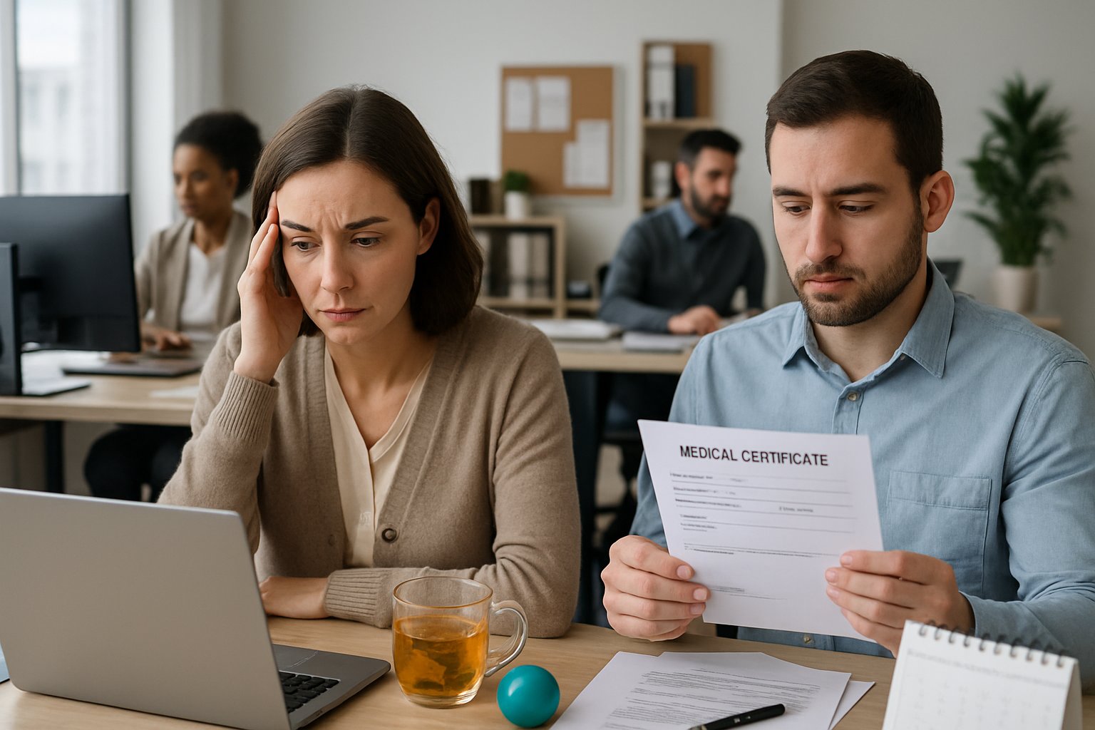Büroszene mit Mitarbeitern, einer Frau, die nachdenklich auf einen Laptop schaut, und einem Mann, der eine Krankschreibung hält.