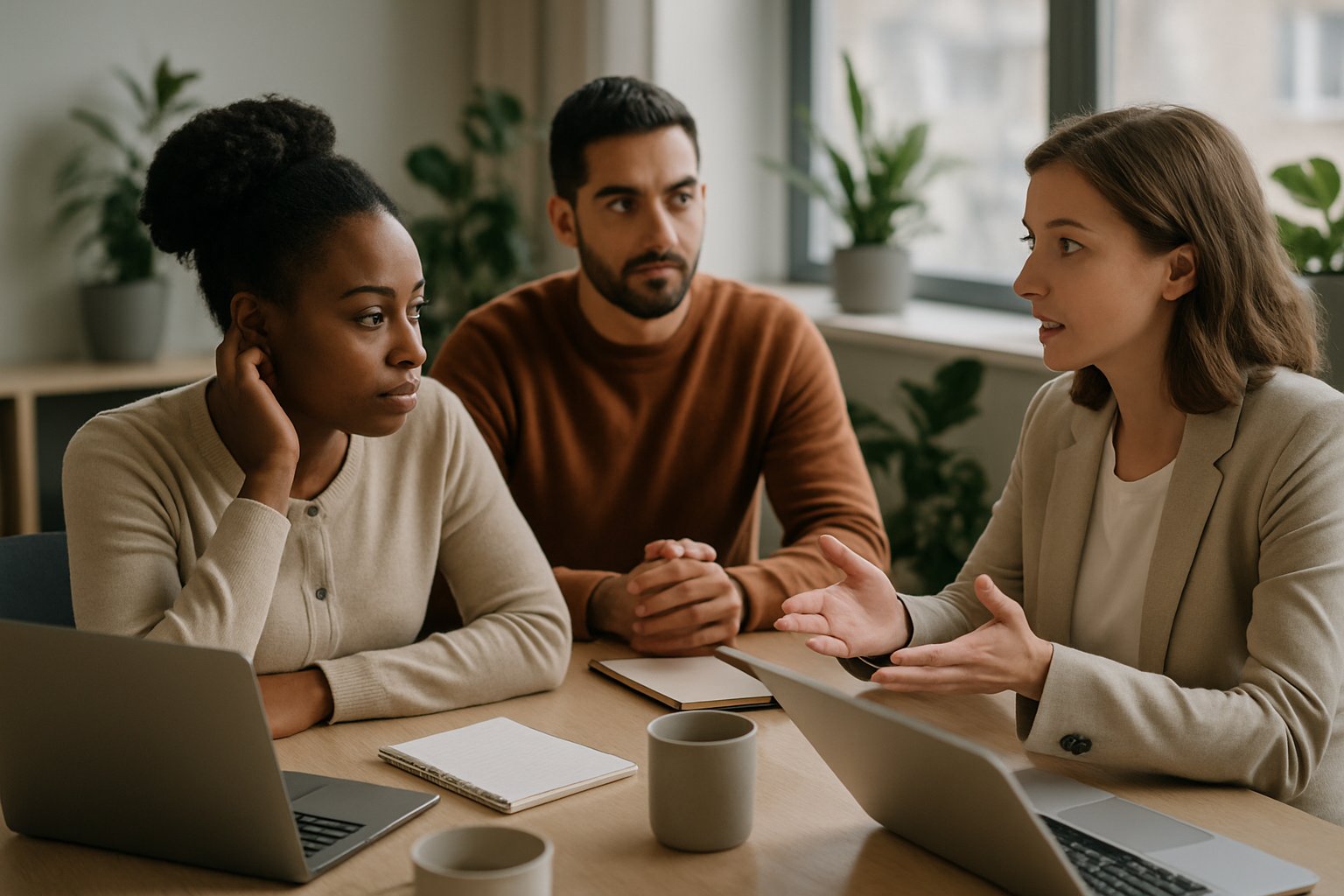 Drei Personen in einem modernen Büro führen ein unterstützendes Gespräch über Burnout-Prävention und persönliche Strategien.